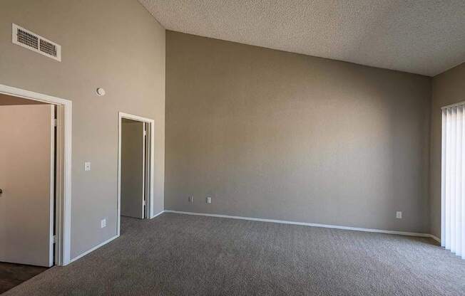 A room with a carpeted floor and two doors.