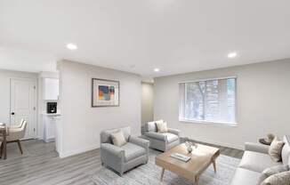 Staged living room with modern finishes at Melrose on 91 Redmond, WA