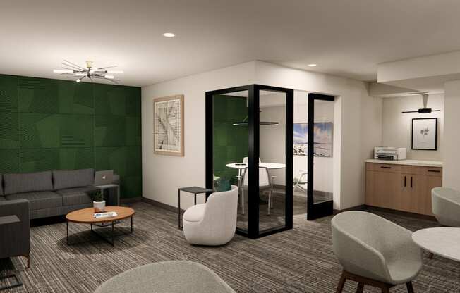 A modern office space with a green wall and a variety of seating options.