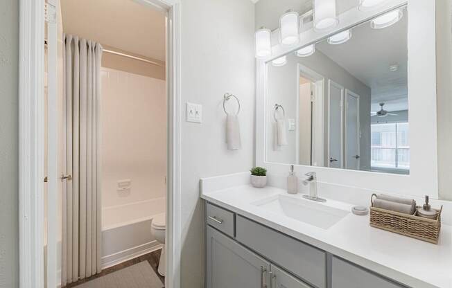 A bathroom with a white sink and a mirror above it.