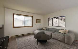 Fargo, ND Gemstone Apartments. A living room with a gray couch and a black coffee table. A window fills the room with bright natural light.