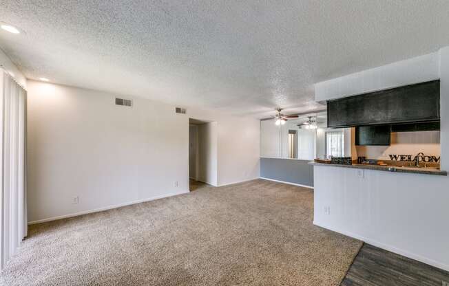 the living room and kitchen of an apartment with carpeting and a kitchen counter top