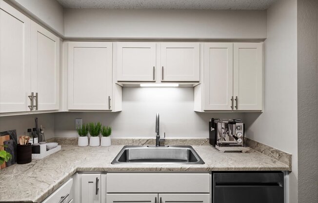 A kitchen with a sink and a coffee maker.
