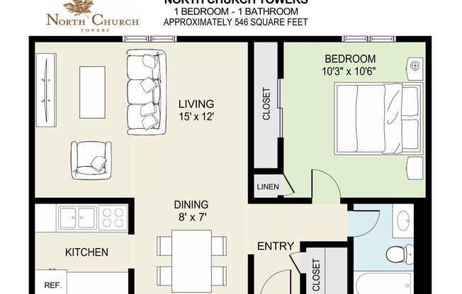 1 bed, 1 bath, 546 sqft, $950, Unit 1-131