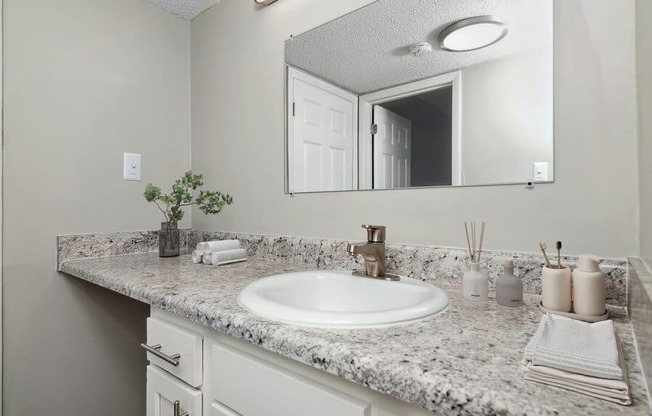 Model bathroom with white vanity