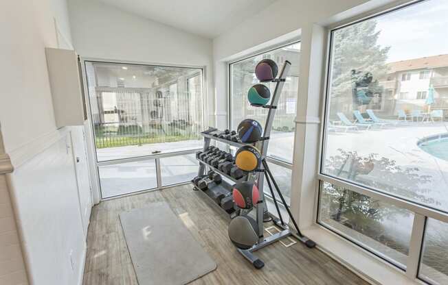 a home gym with weights and a large window