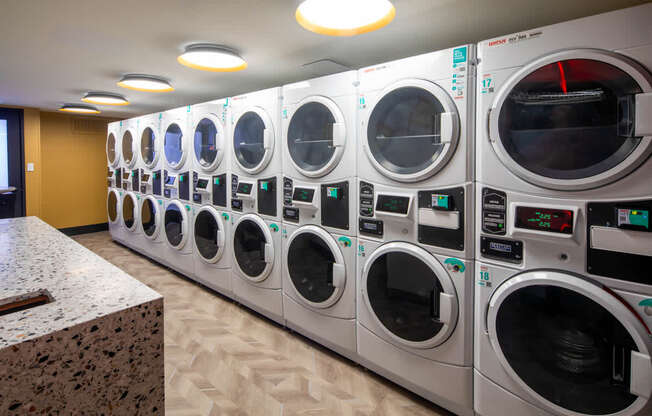 A row of industrial washing machines are lined up in a room.