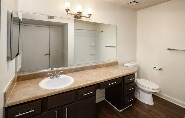 A bathroom with a sink, mirror, toilet, and cabinetry.