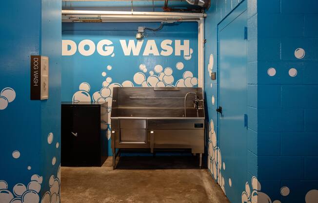 a dog wash is shown in a blue wall with a stainless steel grill