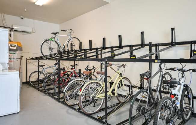 a large number of bikes are stored in the bike room