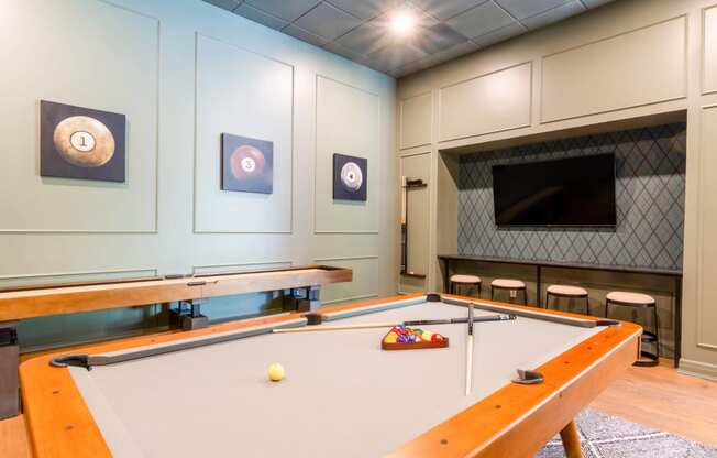 a game room with a pool table and a tv