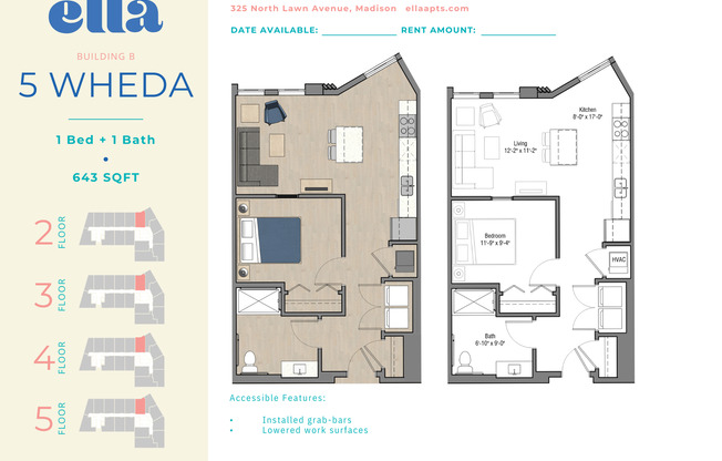 1 bed, 1 bath, 643 sqft, $1,540, Unit B411