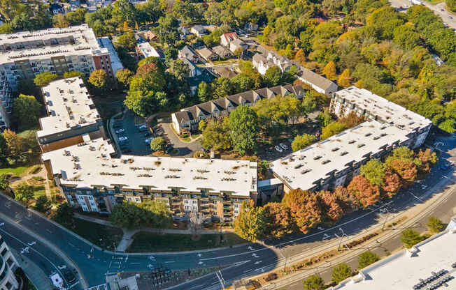 Flatiron West Trade Apartments aerial view with Charlotte skyline in background