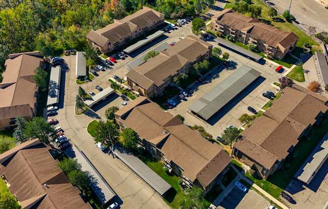 Aerial Community View with Carports at Franklin River Apartments in Southfield, MI