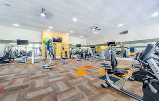 Fully equipped fitness center at Sono Tempe Apartments in Tempe, Arizona with cardio machines and strength equipment.