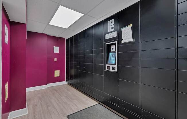 A hallway with a black wall and a red wall with a white door.