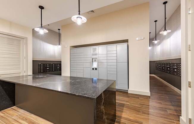 A mail/package room with long counter