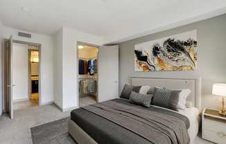 a bedroom with a bed and a closet