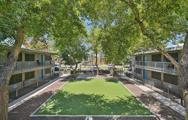 A green lawn in the middle of apartment buildings.