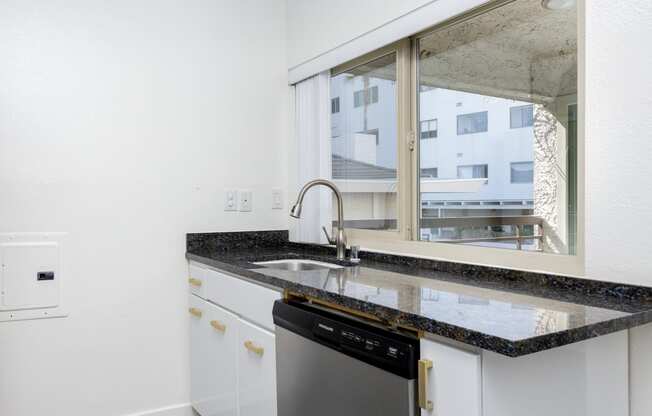 a kitchen with a sink and a window and a dishwasher