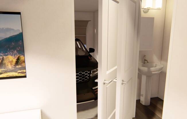 a white door opens to a white bathroom with a sink and a white sink at Brownstones at Palisade Park Townhomes, Colorado, 80023