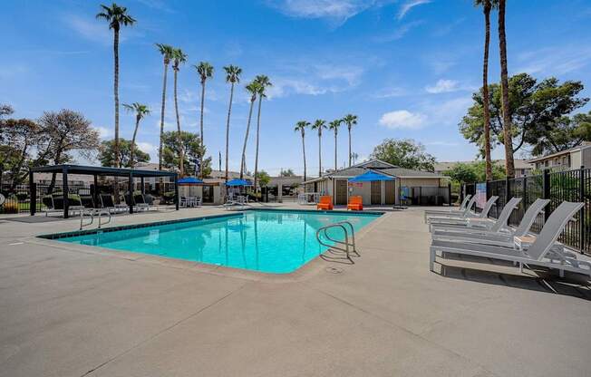 A pool surrounded by palm trees and lounge chairs.