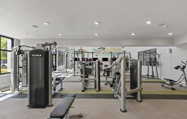 a gym with weights and cardio equipment in a building