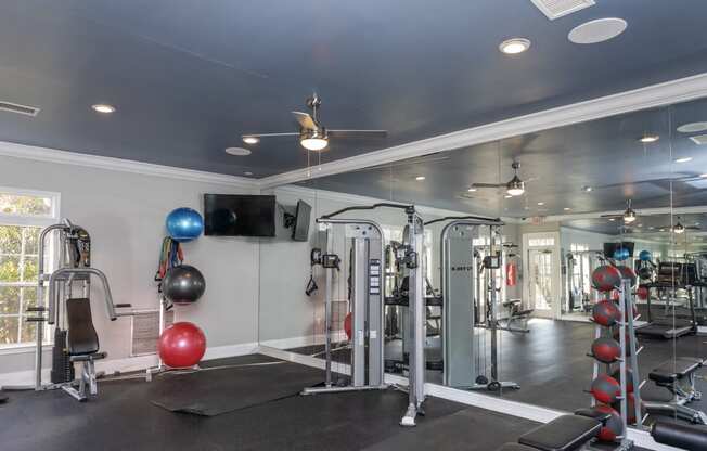 a home gym with exercise equipment and a tv on the wall