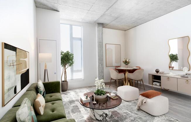 A versatile apartment home with concrete ceilings, tall windows, and an open floor plan that offers room to personalize and make your own.