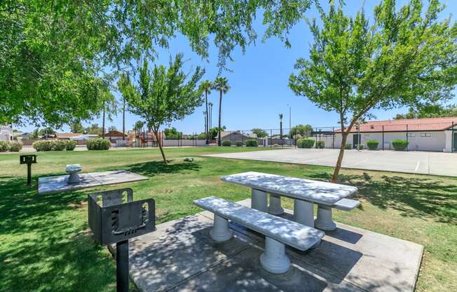 two picnic tables and a grill in a park at Tides at Mesa, Mesa, AZ, 85204