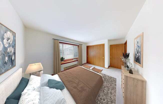 A bedroom with a bed, nightstand, and a painting on the wall.