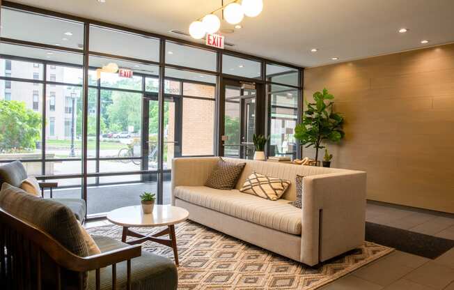 a living room with a couch and a coffee table