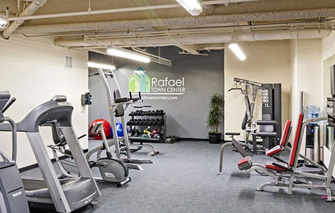 Apartments In San Rafael, CA, With In-Unit Washer And Dryer - Rafael Town Center - 24-Hour Fitness Center With Cardio Equipment, Strength Training Machines, And Dumbells.