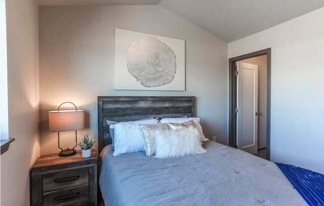 Unfurnished bedroom featuring vaulted ceilings and a walk-in closet.