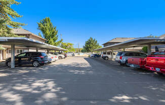 a parking lot with carports