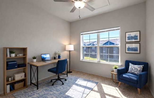 A room with a desk, chair, and a fan.