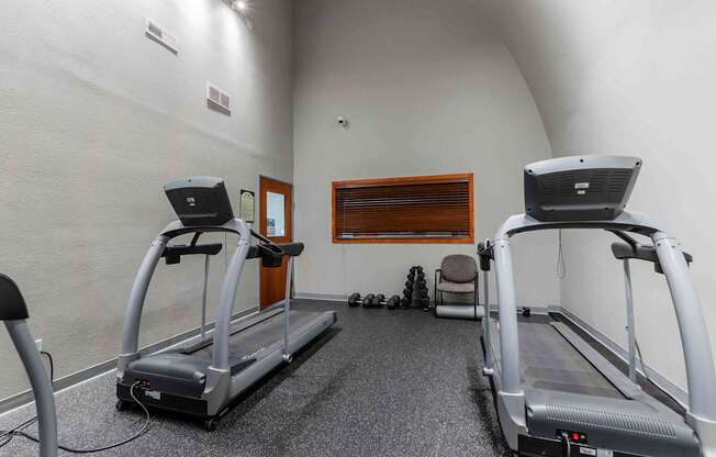 Two treadmills in a room with a grey carpet.