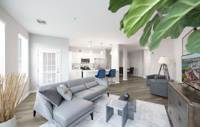 A living room with a grey sofa and a white rug at Harbor Pointe Apartments, Bayonne 07002