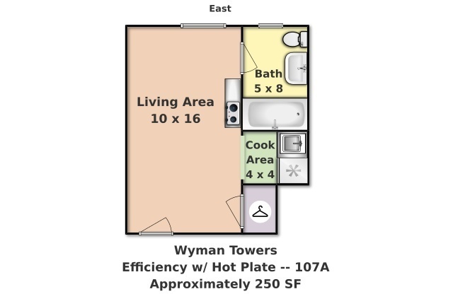 Studio, 1 bath, 240 sqft, $1,050, Unit 107A