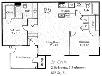 2 beds, 2 baths, 876 sqft, $1,239