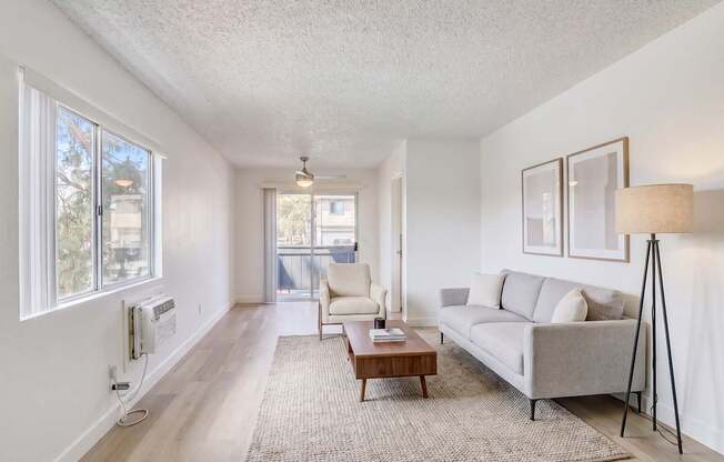 A living room with a grey couch, a coffee table, and a lamp.