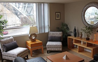 Living Room With Expansive Window at Stonebridge Waterfront, Cleveland, OH