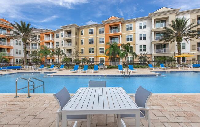 a pool of water in front of a building