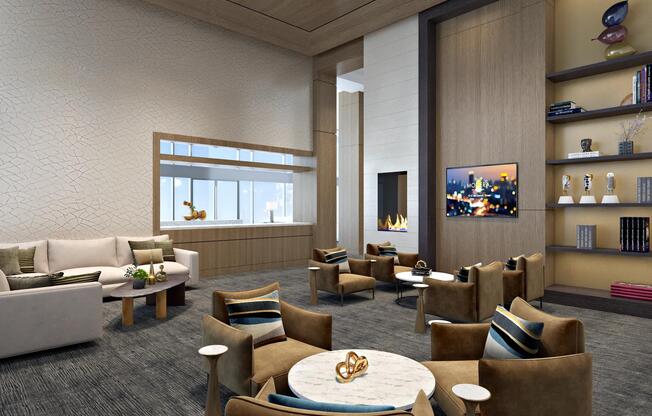 Clubroom with gathering space, multi-sport simulator, and outdoor terrace in Nashville’s South Gulch neighborhood.