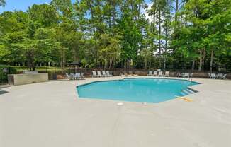 A large swimming pool surrounded by trees.