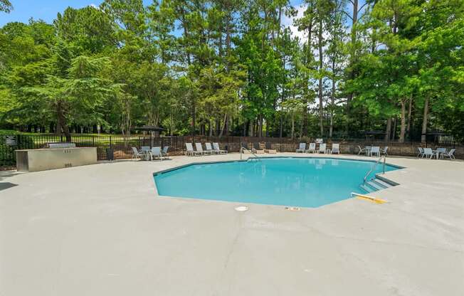 A large swimming pool surrounded by trees.