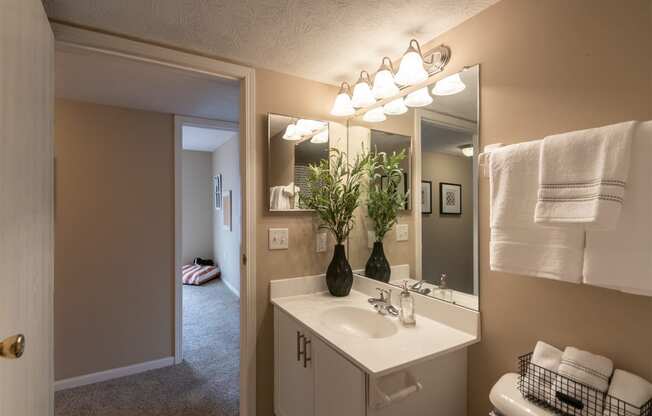 This is a photo of the bathroom of the 890 square foot 2 bedroom, 2 bath Liberty at Washington Place Apartments in in Miamisburg, Ohio in Washington Township.