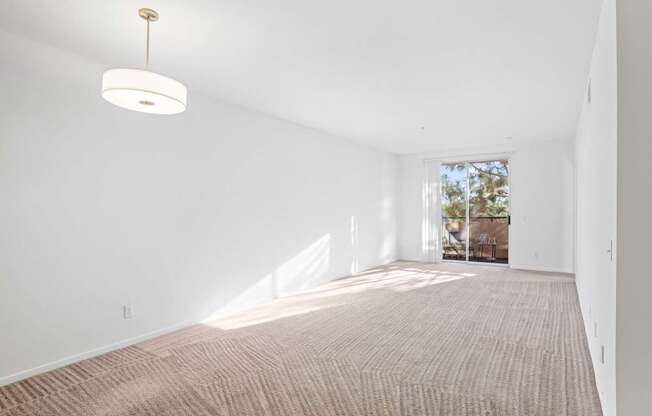 A room with a carpeted floor and a light hanging from the ceiling.