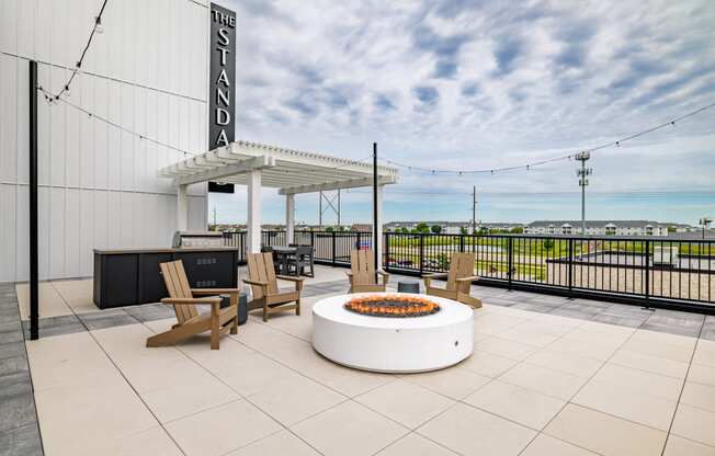 a patio with a fire pit and chairs on top of a building at The Standard on 32nd, North Dakota