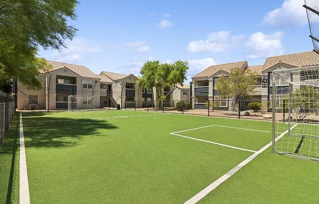 Community Soccer Field with Nets at Monterra Apartments located in Las Vegas, NV.